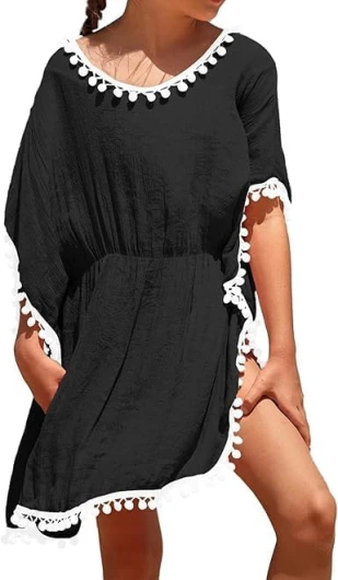 Girl’s Swim Cover Up Kids Summer Swimwear Beach Dress Swimsuit Wraps with Pom Pom Trim Black 12-13 Years