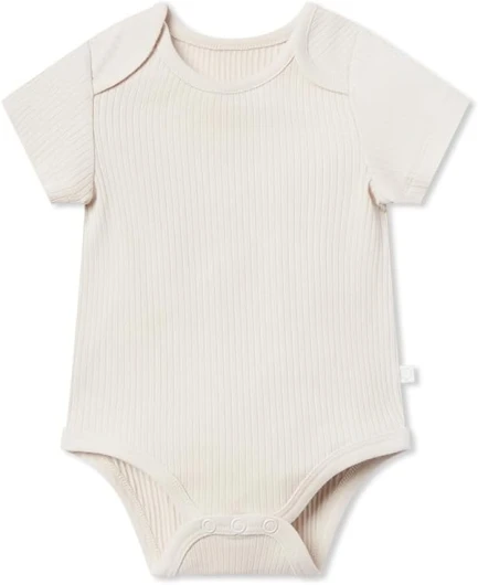 Baby Ribbed Short Sleeve Bodysuit with Envelope Neck and Nickel Free Poppers - Unisex Toddler Romper for Boys and Girls