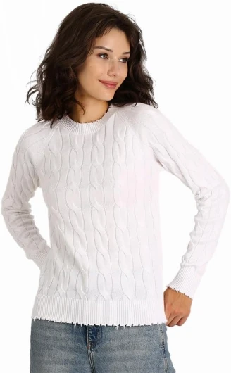 Women’s Long Sleeve Crewneck Cable Cotton Frayed Sweater