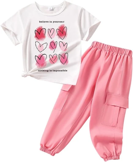 Toddler Girls’ Outfits, 2 Piece Casual Cargo Pants and Love Graphic Print Short Sleeve Top Set-Girl Summer Clothes