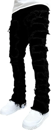 Men’s Slim Fit Stretch Jeans Distressed Patchwork Stacked Frayed Straight Leg Skinny Denim Pants