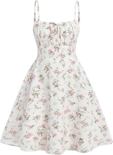Girl’s Floral Print Sleeveless Ruched Ruffle Hem A Line Cami Short Dress 10 Years White Ivory