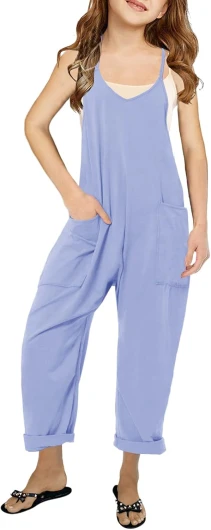 Girls’ Casual Sleeveless Jumpsuits Spaghetti Strap Loose Romper Long Pants with Pockets