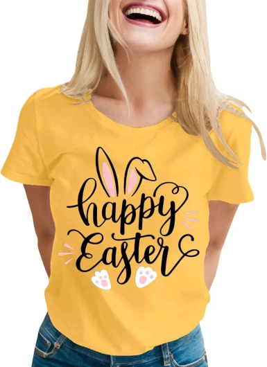 Women’s Casual Letter Print Crew Neck Short Sleeve T Shirt Multiple Colors Teen Shirts Girls Trendy A-yellow Small