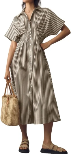 Women’s Contrast Color Striped Shirt Dress Pleated Button Down Maxi Long Tunic Dress Large Brown
