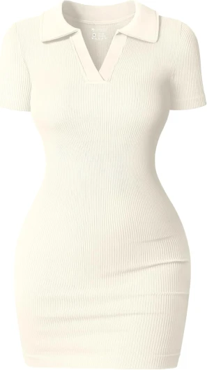 Women’s Mini Dresses Sexy Ribbed Short Sleeve Tummy Control Bodycon Mini Dress