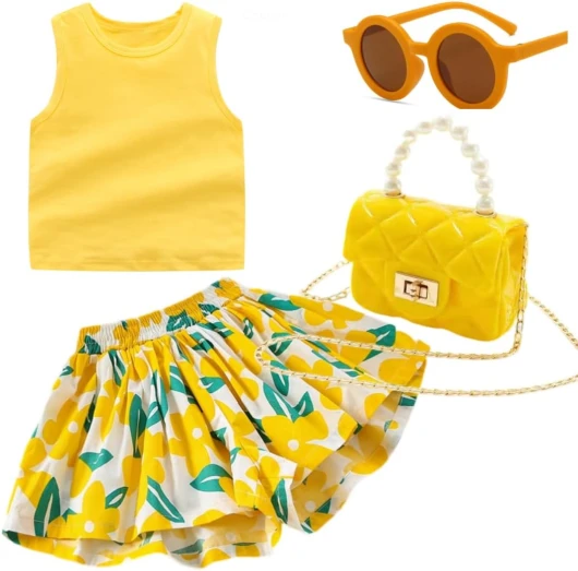 Girls’ Short Sets - Trendy and Comfortable Summer Outfits for Girls Fashionable Clothing Sets 4pc 5-6 years old Yellow