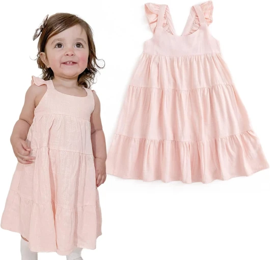 Toddler Girls Linen Solid Dress with Smocking Girls Casual Sleeveless Dress 12M-8T