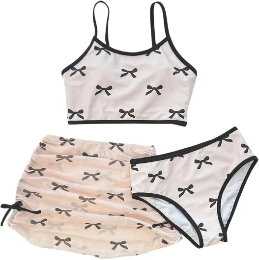 Girl’s 3 Piece Bikini Set Bow Swimsuit Spaghetti Strap Cute Bathing Suit with Ruched Cover Up Skirt