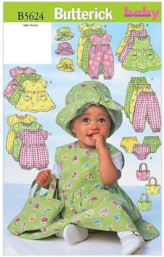 BUTTERICK PATTERNS B5624 Infants’ Dress, Jumper, Romper, Jumpsuit, Panties, Hat and Bag, Size NB0 (NB-S-M)