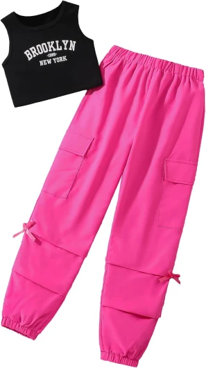 Girls’ Summer 2 Piece Outfits Sleeveless Cropped Tank Top and Cargo Pants Set