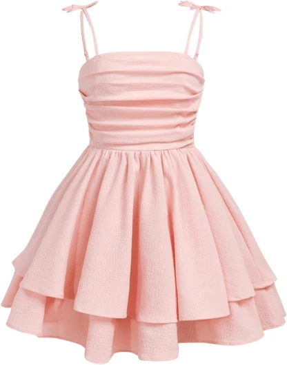 Girl’s Smocked Ruched A Line Swing Dress Layered Tie Shoulder Flowy Cami Short Dress 16 Years Light Pink