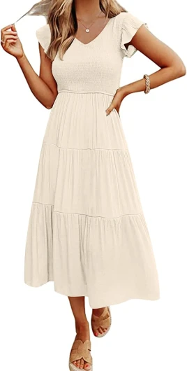 Women’s Flutter Sleeve Smocked Midi Dress V Neck Casual Tiered Dresses with Pockets Medium Beige