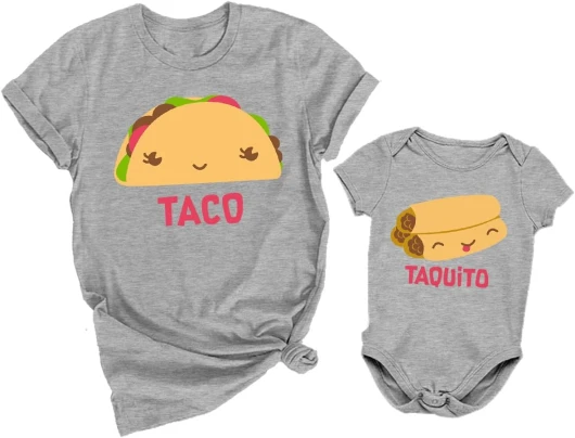 Taco and Taquito Mommy and Me Outfits Funny Mom and Baby Gift Idea for First Mother’s Day or Baby Shower Taco Large / Taquito 6M (3-6M) Taco Gray / Taquito Gray