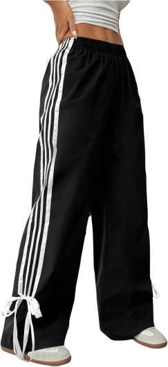 Girl’s Baggy Pants Bow Parachute Pants Striped Wide Leg Sweatpants Track Joggers Hip Hop Dance 11 Years Black