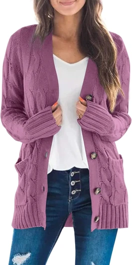 Women’s Fall Casual Long Sleeve Button Down Open Front Cable Knit Cardigan Sweater Coat Purple Small