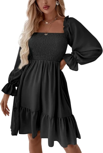 Women’s Square Neck Lantern Long Sleeve Ruffle Shirred Flowy Party Mini Dress Medium Solid Black