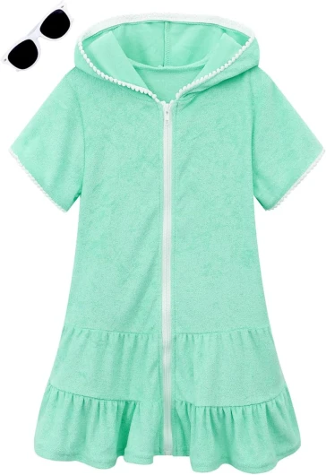 Girls Swim Cover Up Kids Swimsuit Coverup Terry Zip-Up Beach Bathing Suit Wraps with Sunglasses
