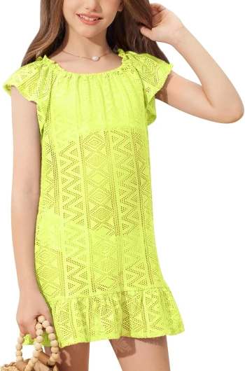 Girls Summer Hollow Out Beach Dress Scoop Neck Elastic Convertible Ruffle Short Sleeve Flowy Coverups 6-14 Years