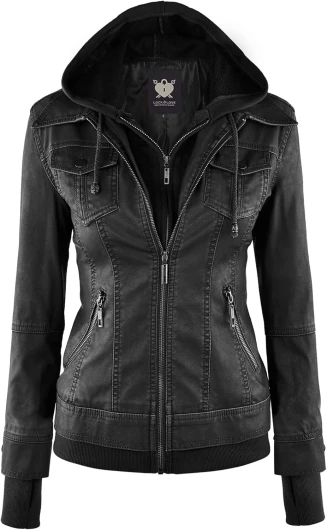 Women’s Faux Leather Moto Biker Jacket Coat with Removable or Non-Removable Hood X-Large Wjc664 black/Charcoal