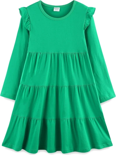 Girl’s Dresses Cotton Ruffle Sleeve Tiered Swing A-Line Cute Midi Casual Sundress 5T #Green
