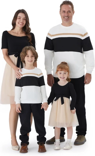 Family Matching Outfits Dresses and Sweatshirt Fall Winter Off Shoulder Dresses and Long Sleeve Sweatshirt
