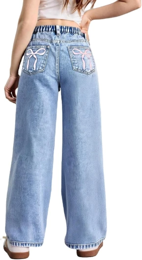 Girl’s Bow Print Back Zipper Fly Elastic High Waist Denim Pants Basic Wide Leg Jeans 11 Years Blue
