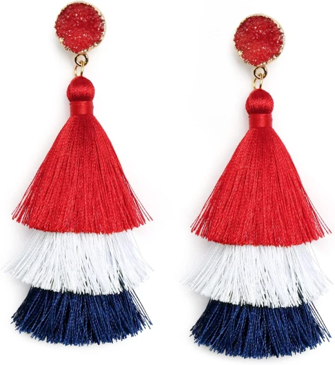 Me&Hz Colorful Layered Tassel Earrings Bohemian Statement Tiered Tassel Big Dangle Drop Earrings for Women Druzy Studs Christmas Mother’s Day Gift Red, White and Blue