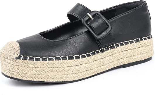 Women’s Platform Mary Janes Shoes Women Espadrilles Flats Leather Round-Toe Buckle Strap Espadrilles Mary Janes for Women