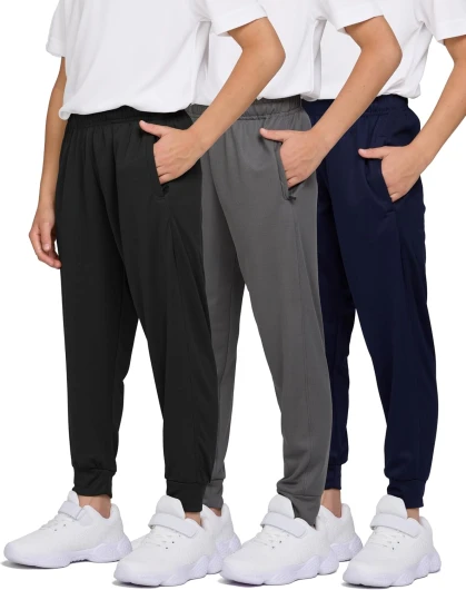 3 Pack Boys Sweatpants Mesh Lightweight Kids Clothes with Zipper Pockets Active Quick-Dry Boys Pants Sizes 4-20 Large Set6