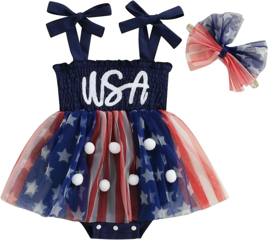 Newborn Baby Girl 4th of July Outfits Independence Day Dress Sleeveless smocked Romper American Flag Clothes