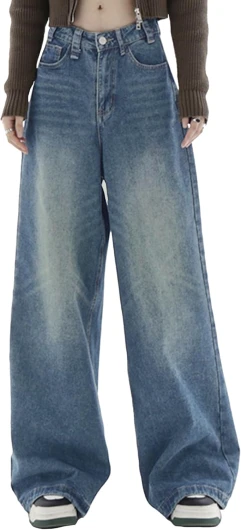 Women Baggy Jeans Wide Leg Mid-Low Waist Jeans Loose Boyfriends Jeans 90s Denim Pants with Pockets Blue-009 Small