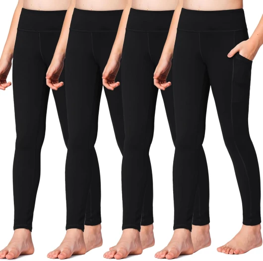 Girls’ Athletic Leggings Kids Dance Running Yoga Pants Workout Active Dance Tights with Pockets 7-8 Years 4-pack-black (2 Side Pocket)