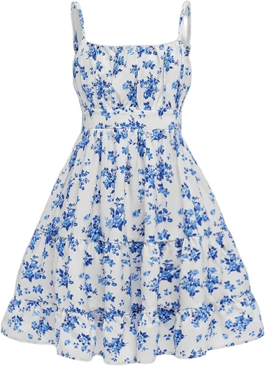 Girl’s Floral Print Sleeveless Ruched Ruffle Hem A Line Cami Short Dress 12 Years A Blue and White
