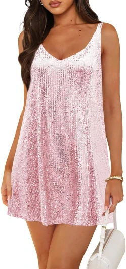 Women’s Sequin Dress for Women Sparkly Glitter V Neck Shift Cocktail Disco Outfit Party Club Night Out Mini Dresses Pink Small