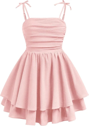 Girl’s Summer Smocked Ruched A Line Layered Ruffle Flowy Tie Bow Cute Cami Dress 10 Years Pink