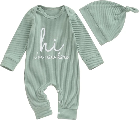 Newborn Baby Boy Girl Clothes Hi I’m New Here Coming Home From Hospital Outfits Gender Neutral One Piece Romper 0-3 Months Green