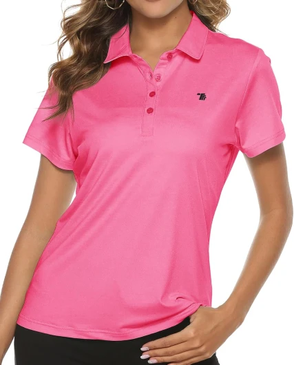 Women’s Golf Polo Short Sleeve Shirts Lightweight Moisture Wicking Collared T Shirt Quick Dry 4-Button A9-rose Red Medium