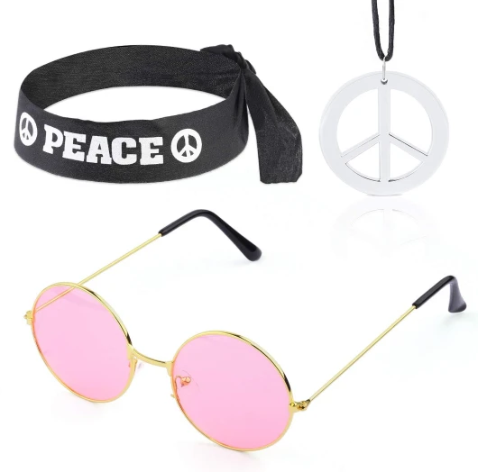 Hippie Costume Set - 60’s Circle Glasses Peace Sign Necklace Hippie Headband 70s Party Accessories for Men Women