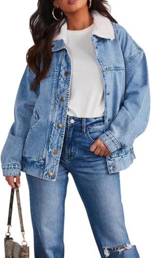 Women’s Warm Sherpa Collar Denim Jacket Faux Fur Collar Denim Coat Trucker Jacket Medium Blue