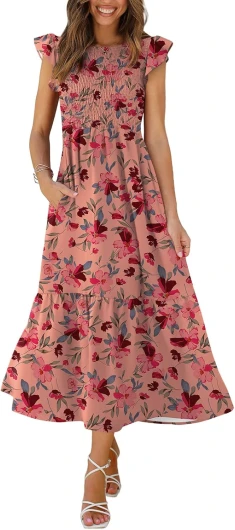 Women’s Casual Maxi Dresses with Pockets Ruffle Sleeve Smocked Dress XS-2XL 16- Pink Floral X-Small