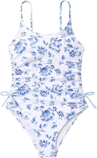 Girl’s Floral One Piece Swimwear Bow Tie Side Spaghetti Strap Swimsuits 12 Years Blue and White