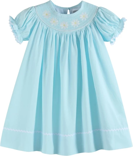 Baby and Girls Smocked Bishop Dress 5-6 Years Blue Daisy