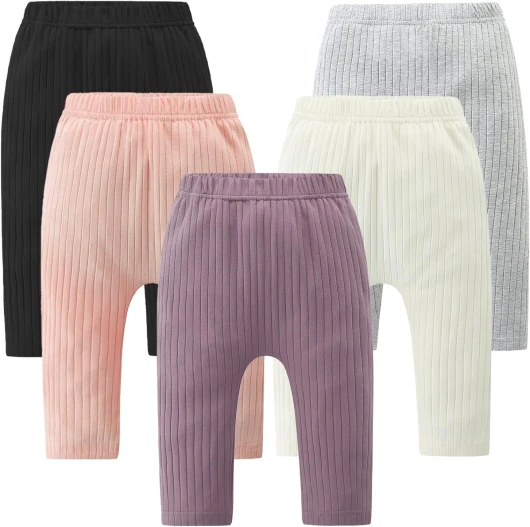 Baby and Toddler Girl’s 5 Pack Cotton Ribbed Pull On Pants Leggings 0-4 Years 0-6 Months Black/White/Grey Marl/Pink/Purple