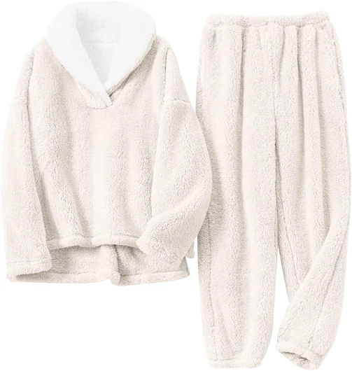 Women’s Fluffy Loungewear Sleepwear Lounge Casual Pajamas Sets Loose Long Sleeve Fleece Pullover and Pants Set Medium 01beige