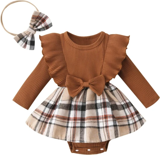 Newborn Baby Girl Fall Winter Outfit Set Plaid Romper Dress Ruffles Long Sleeve Clothes Jumpsuit with Bow Headband 3-6 Months Brown
