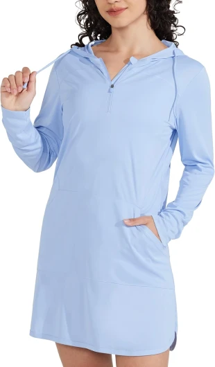 Women’s UPF 50+ Swim Cover-Up Dress Hooded Beach Sun Long Sleeve Swimwear Quick Dry SPF Swim Shirts Small Blue
