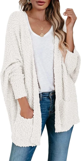 Women’s Chunky Popcorn Cardigan Oversized Open Front Boyfriend Batwing Long Sleeve Fuzzy Knit Sweaters Small White