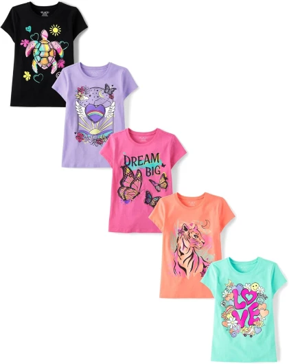 The Children’s Place Girls’ Assorted Everyday Short Sleeve Graphic T-Shirts,multipacks Medium Love Trends 5-pack