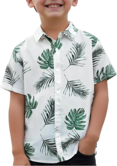 Boy’s Short Sleeve Collar Button Down Graphic Tropical Print Shirt Top 10 Years Green
